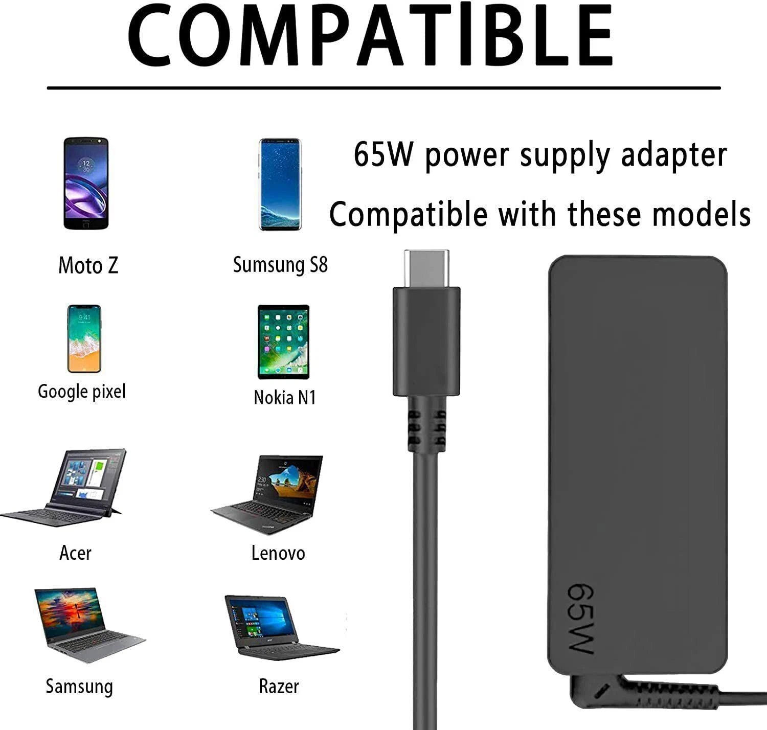65 Watt Laptop USB-C Charger Block Wall Type C Power Supply Cable Adapter Type-C