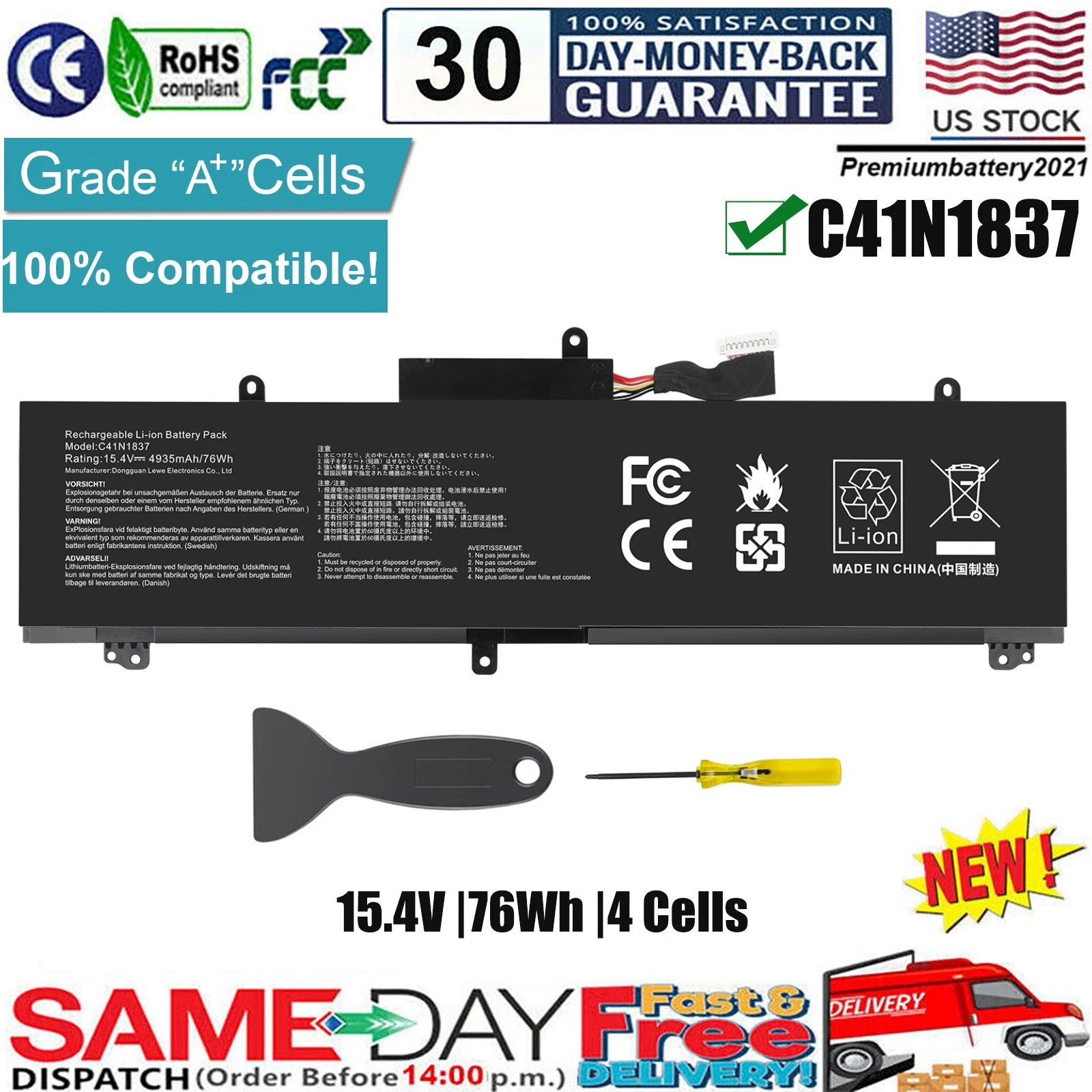 C41N1837 Battery For ASUS ROG Zephyrus G15 GA502 M15 GU502G S15 GX502 76Wh 15.4V