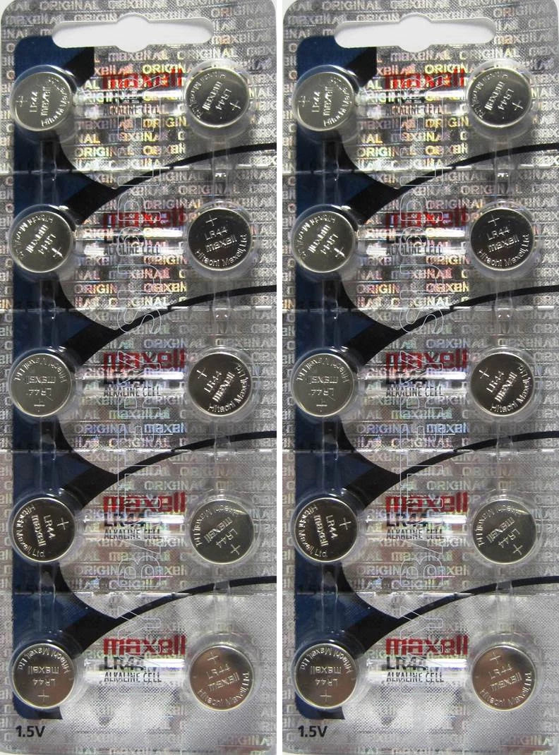 20 Maxell Batteries LR44 (A76, AG13) Alkaline Button Size Battery, On Tear Strip