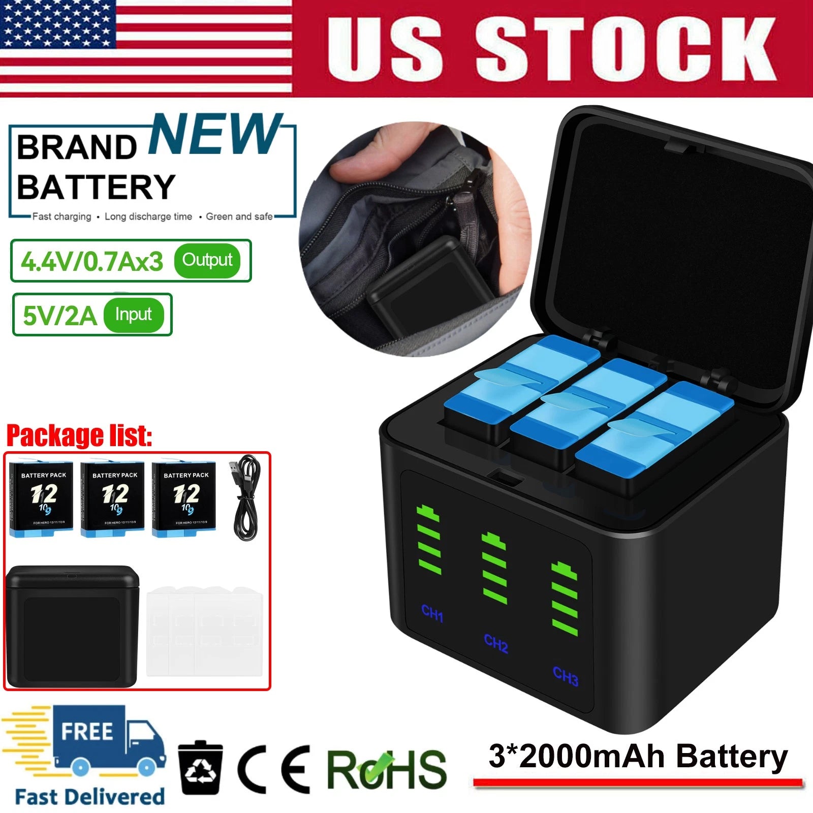 ?3Pack Batteries & 3 Channel Charging Station For GoPro Hero 12 11 10 9 w/Type-C