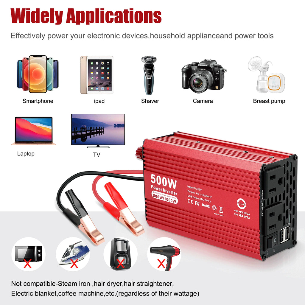 500W/1000W Dual DC 12V to 110V AC Outlets Power Inverter Car Adapter 2 USB Ports