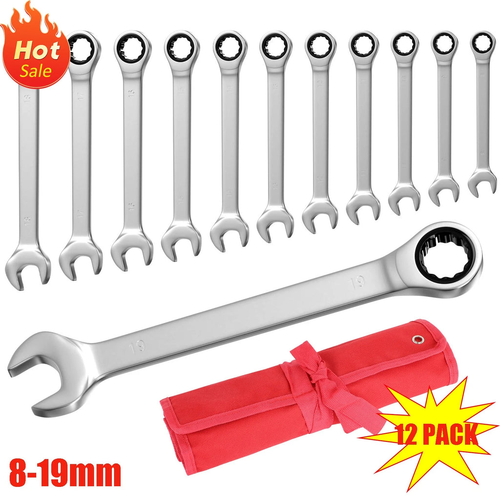 ?12pc 8-19mm Ratcheting Wrench Metric Fixed Head Combination Spanner Tool 2026