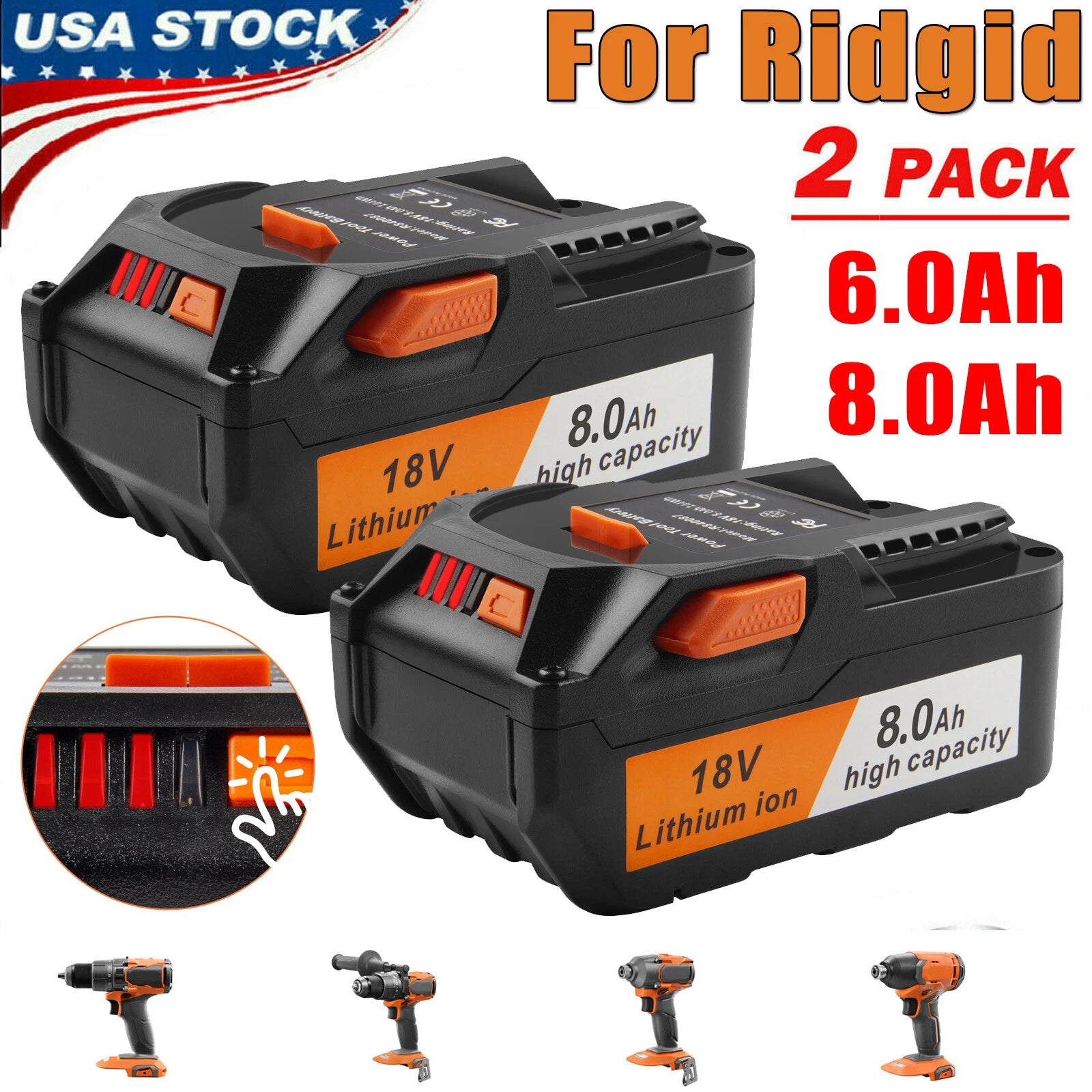 2X for Ridgid 18V R840085 8.0Ah 6.0Ah Lithium Battery Rigid R840087 Power Tools