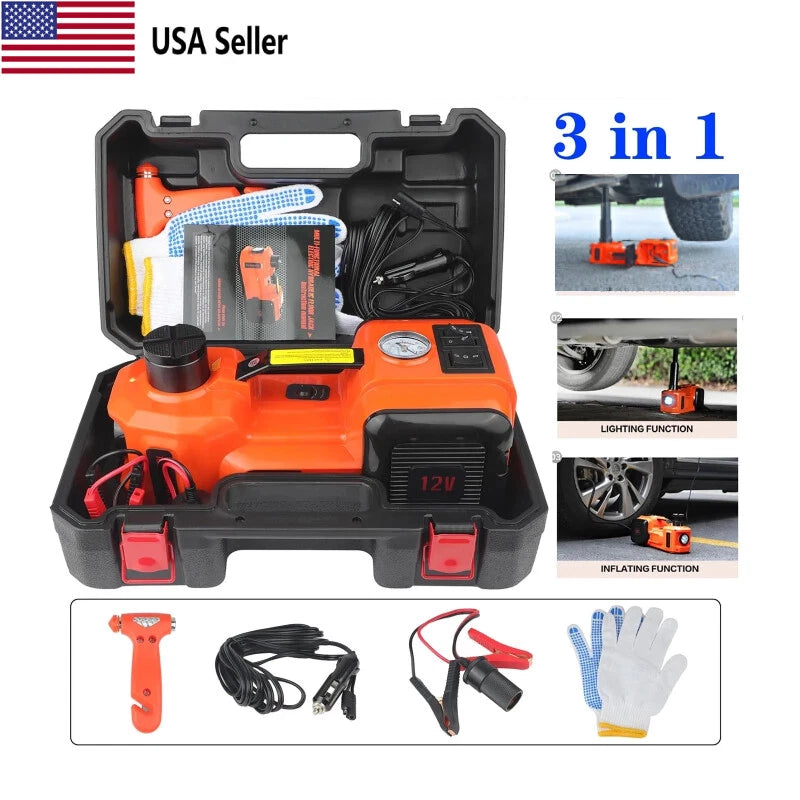 12V 5Ton Car Electric Hydraulic Floor Jack Tire Inflator Pump LED Flashlight US