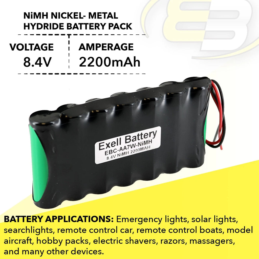 Exell 8.4V Custom NiMH 2200mAh Battery Pack 6" 22AWG Bare Leads