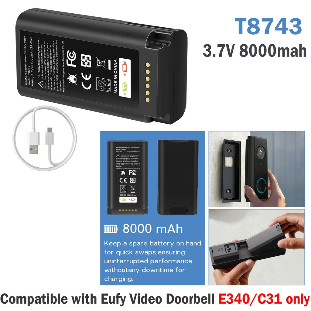 ?8000mAh Battery For Eufy Video Doorbell E340/C31 With Fast Charging USB-C Cable