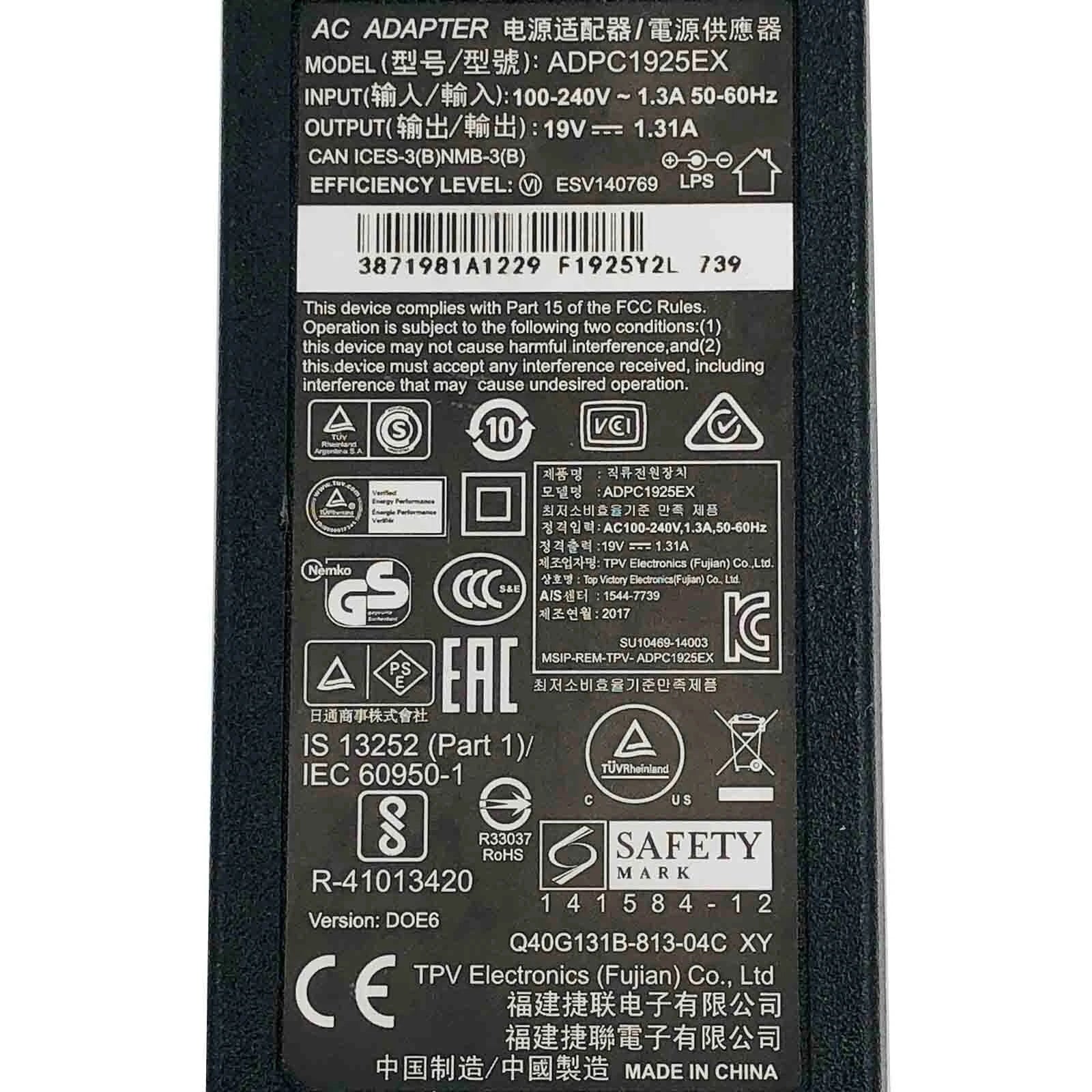 New Genuine TPV Electronics ADPC1925EX AC/DC Power Supply Adapter 19V 1.31A 25W