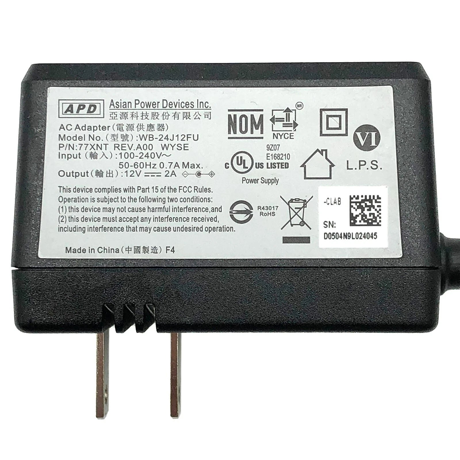 Brand NEW Genuine APD WB-24J12FU AC Adapter 12V 2A 24W 4.0x1.7mm Charger