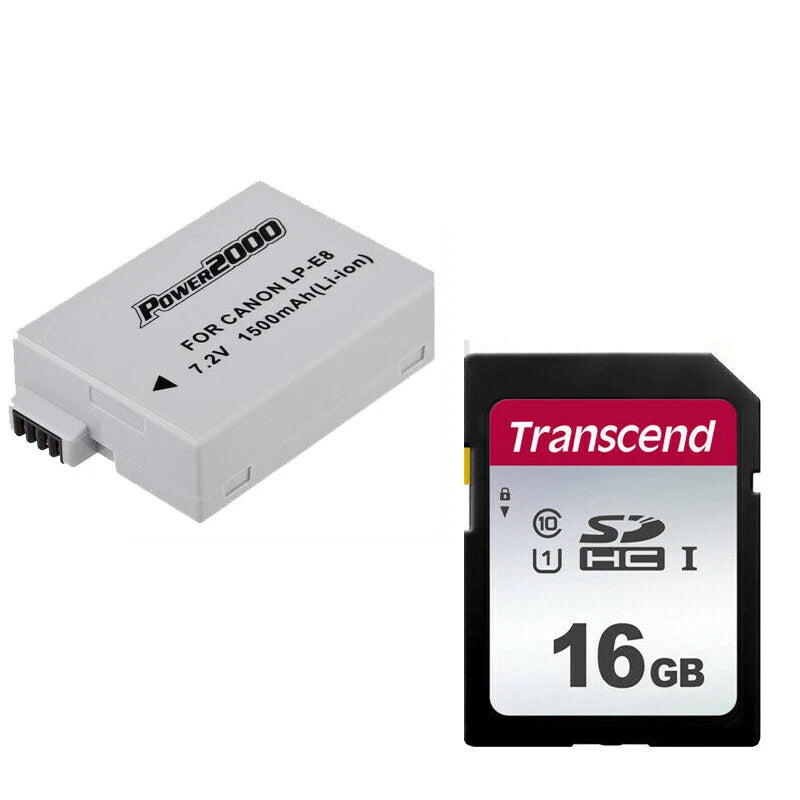 Power2000 LP-E8 Battery + 16GB SD Memory Card for Canon EOS T2i T3i T4i T5i