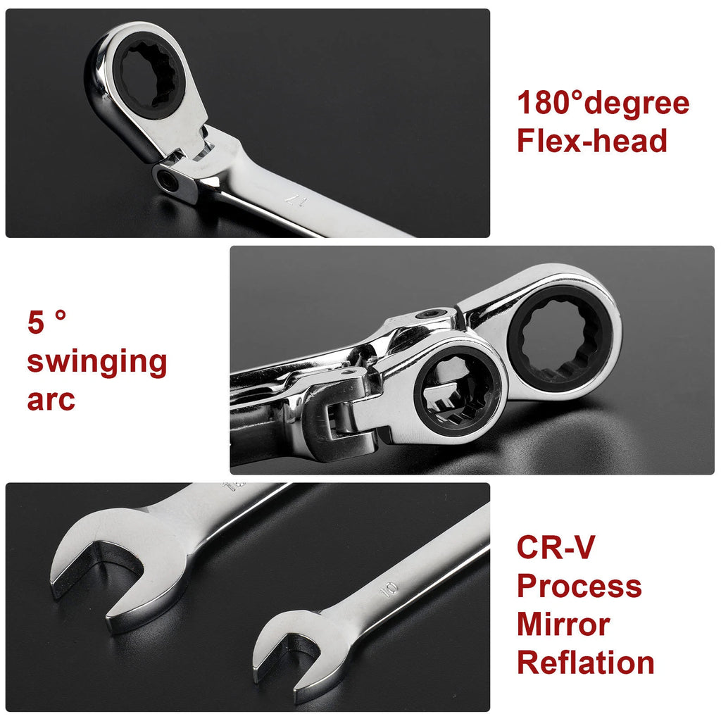 12Pc 8-19mm Metric Flexible Head Ratcheting Wrench Combination Spanner Tool Set
