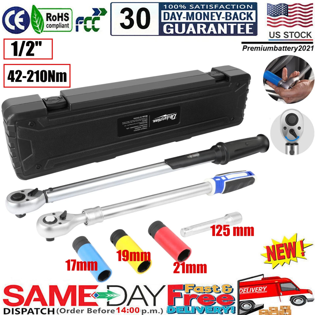 ?Dejunpool Torque Wrench Set 1/2'' Drive 42-210 Nm w/ Extension Rod 17/19/21mm