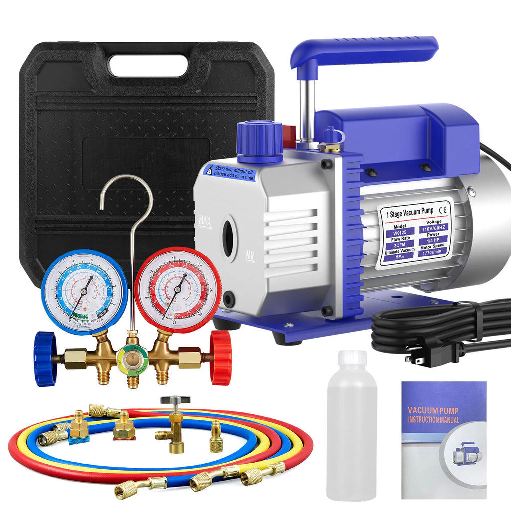 A/C Vacuum Pump Air Conditioning AC Manifold Gauge Kit R134A R22 R502 R12 Set