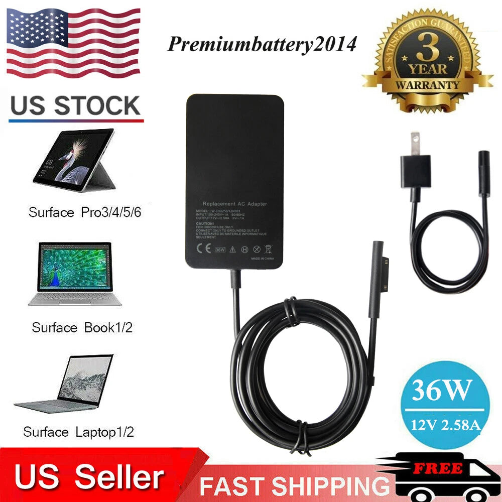 36W For Microsoft Surface Pro 4 3 1625 AC Adapter 12V 2.58A Charger + Power Cord