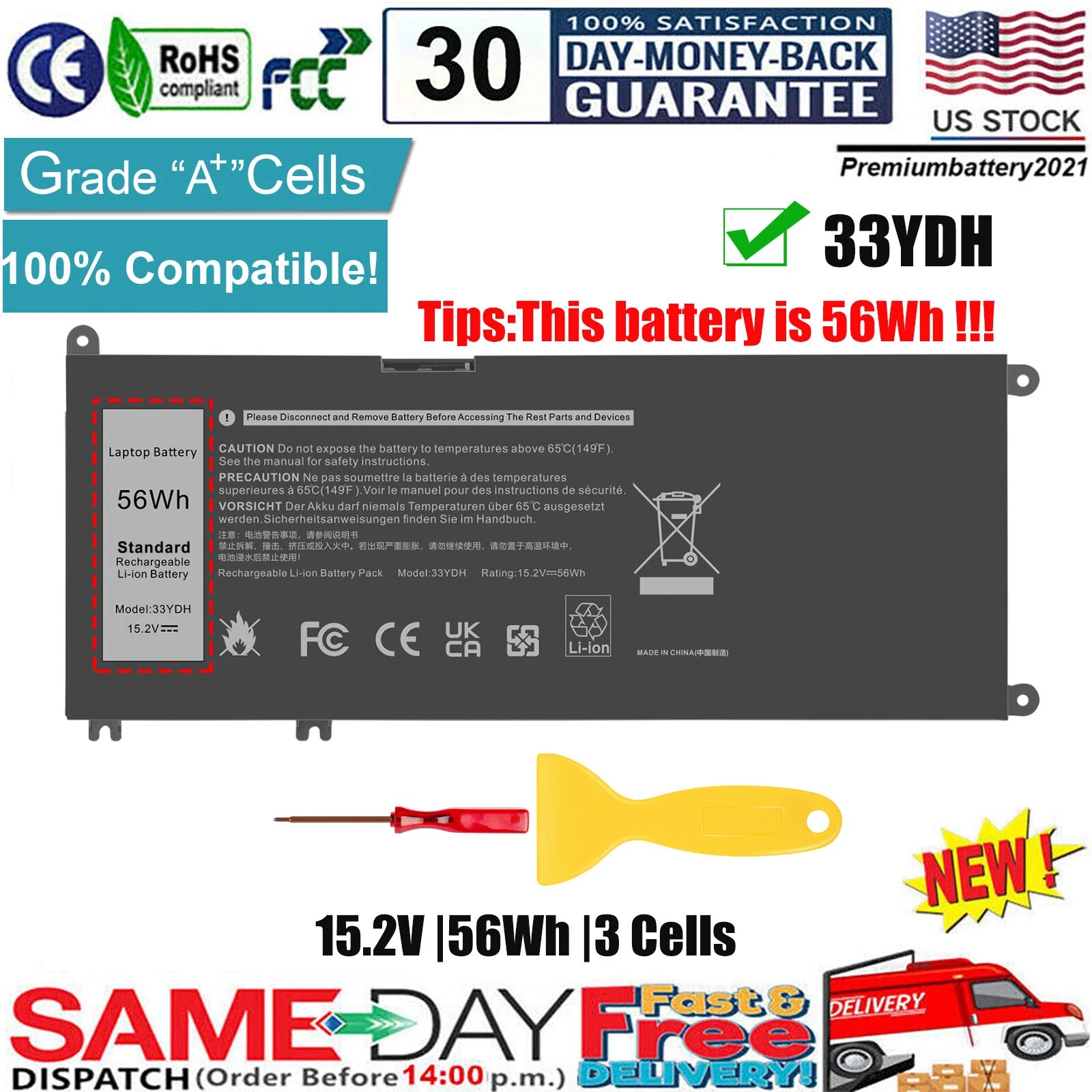 33YDH Battery For Dell Latitude 3380 3480 3490 3590 3580 Inspiron 15 17 7000 US