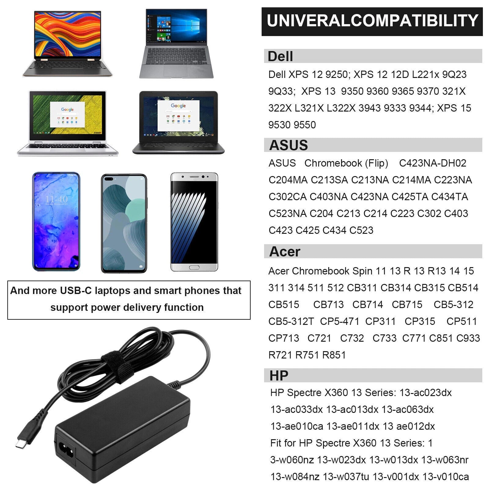 65W USB-C Type C Adapter Charger For HP Samsung Lenovo Yoga Dell Macbook Acer US