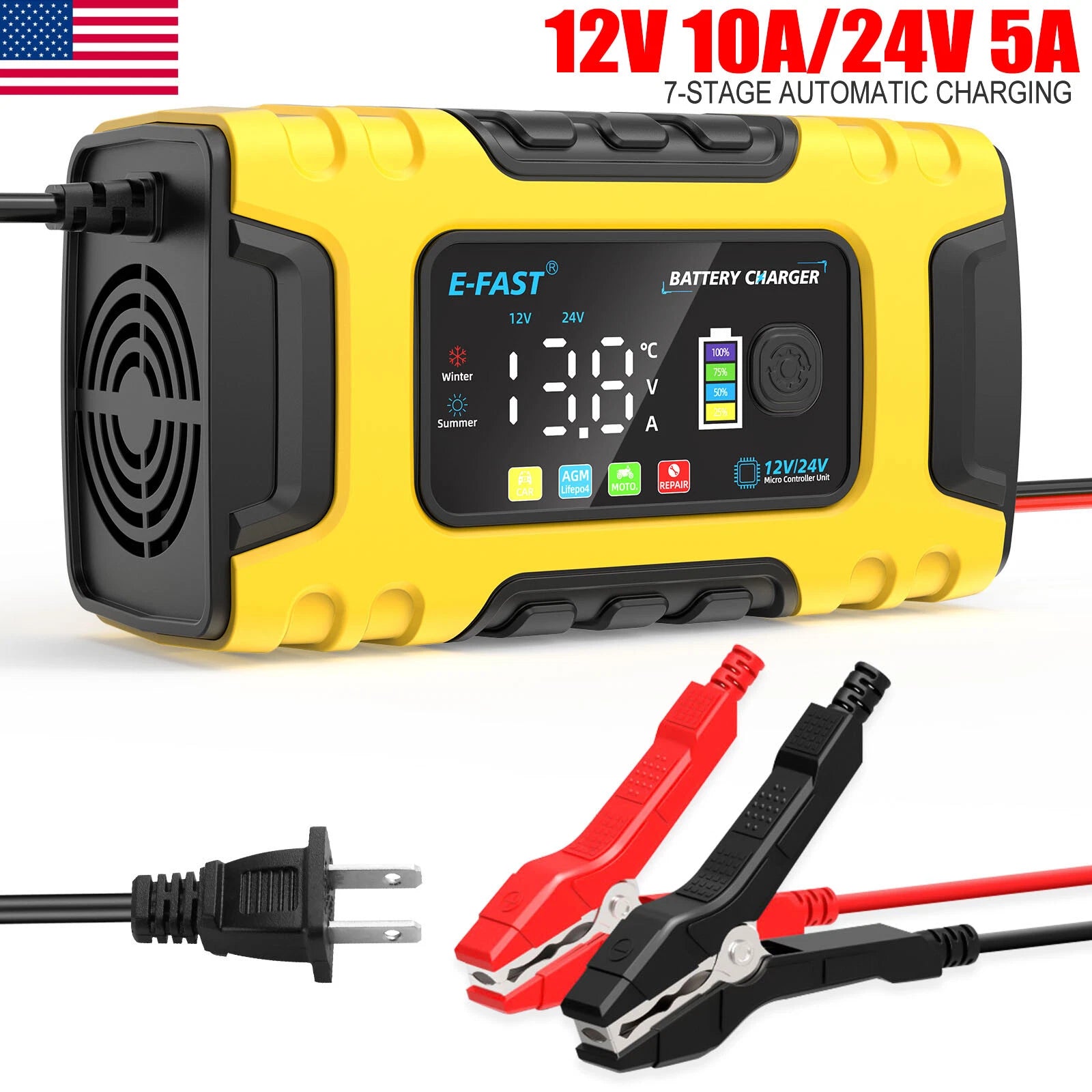 Car Battery Charger 12V 10A/ 24V Maintainer Trickle Charger AGM LiFePO4 Wet US