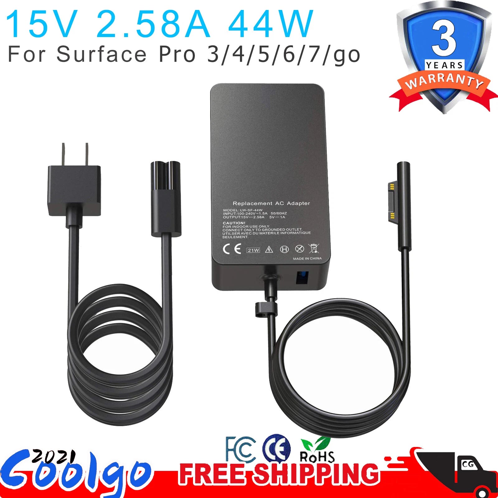 For Surface Pro 3 4 5 6 Charger 44W 15V 2.58A Power Adapter Model 1796 1800