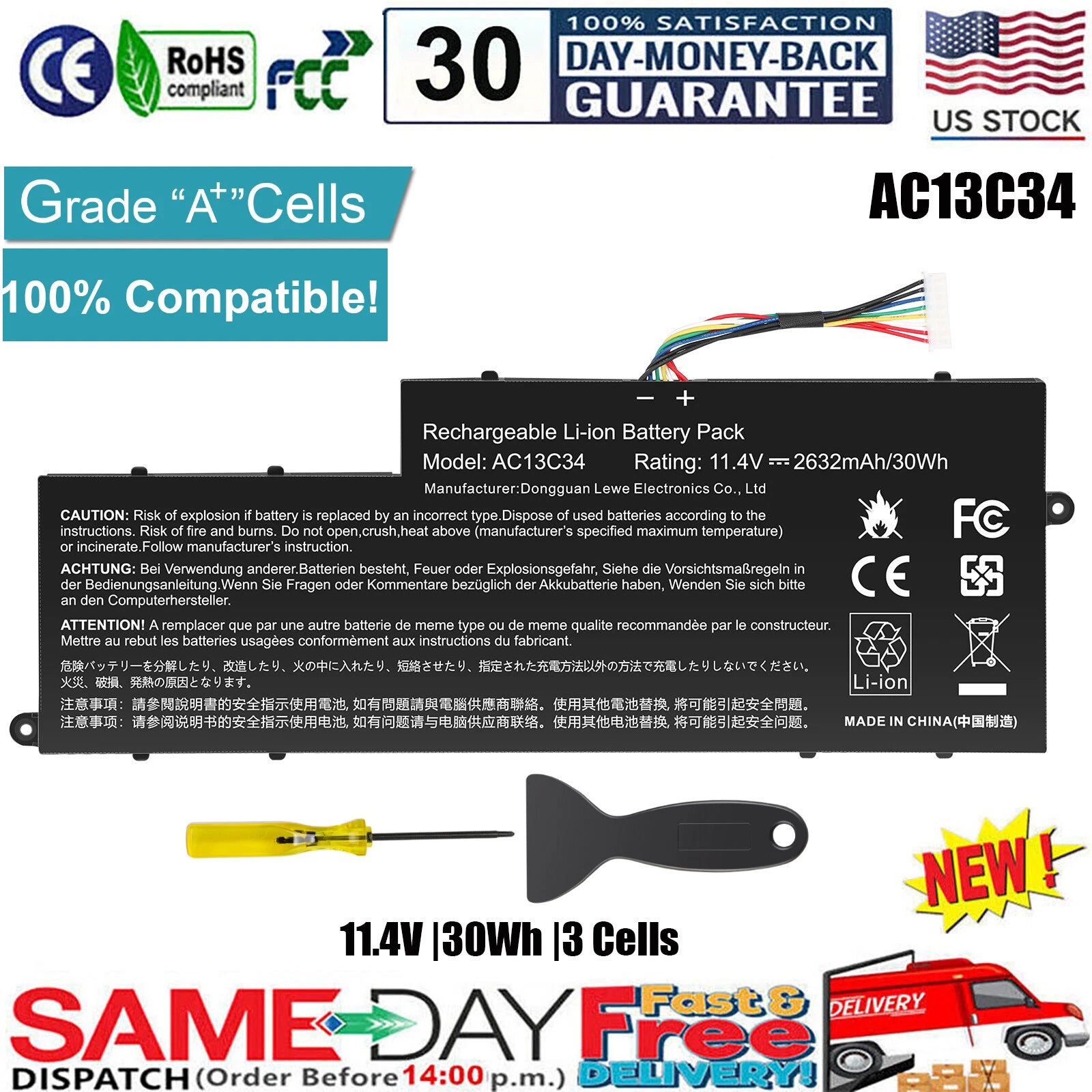 AC13C34 Battery for Acer Aspire V5-122P V5-132 ES1-111 3ICP5/60/80 KT.00303.005
