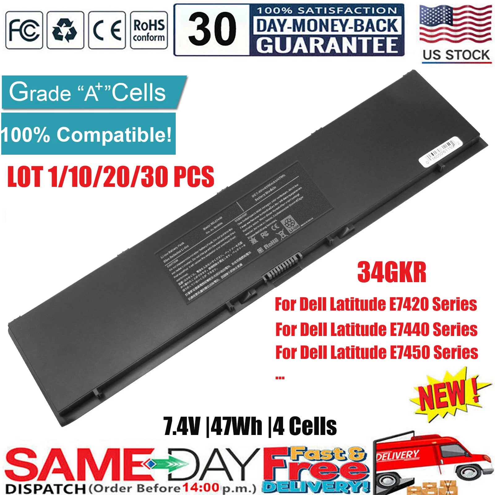 LOT 34GKR PFXCR 3RNFD Battery For Dell Latitude E7440 E7450 E7420 47Wh FAST
