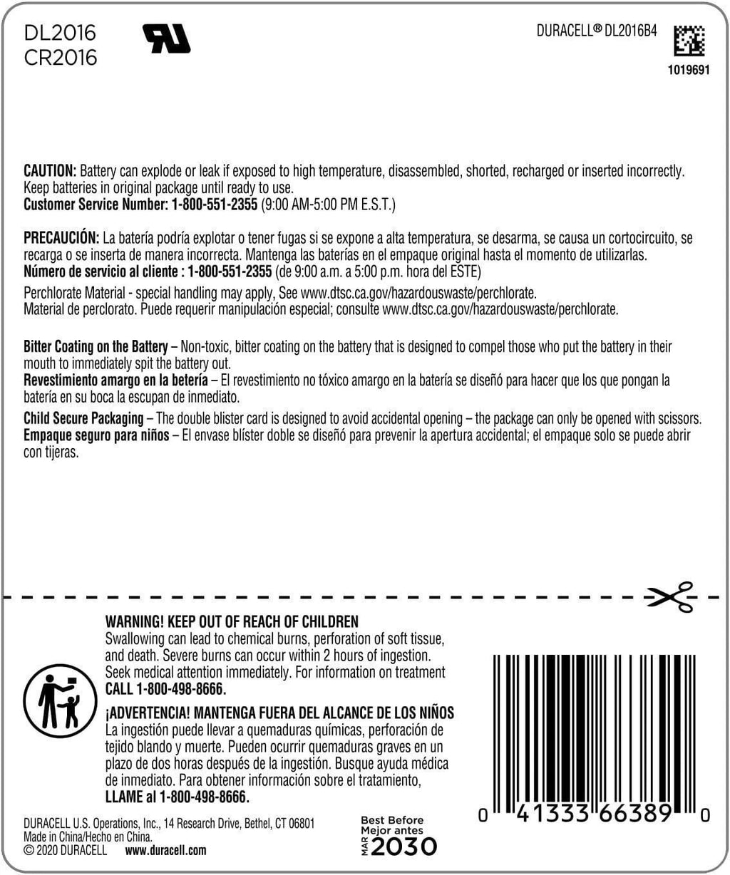 Duracell 66389 DURA4PK 3V 2016 Battery, 4 count