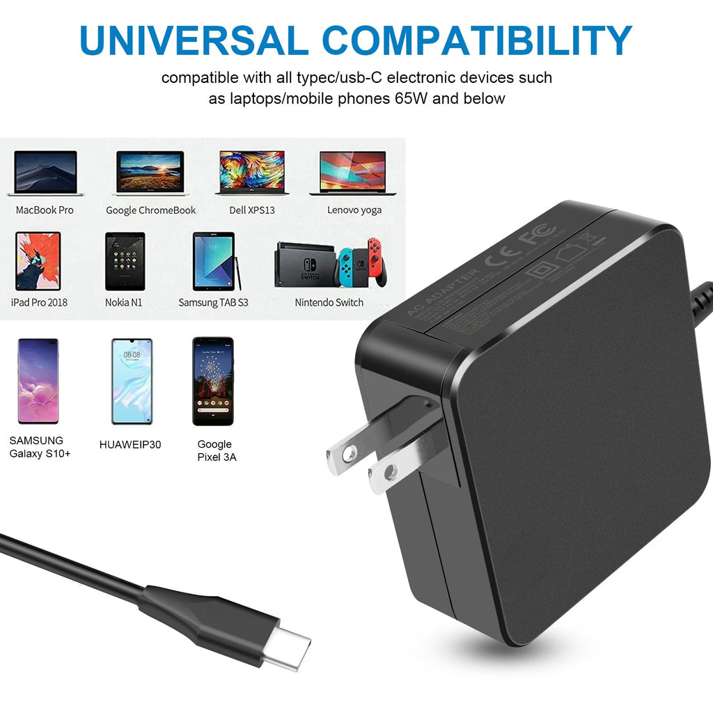 65W Power Laptop Charger USB C Type C for HP Chromebook Lenovo/Acer/Asus/Samsung