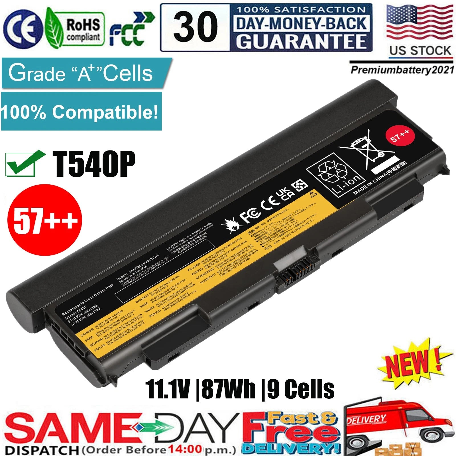 57++ Battery for Lenovo Thinkpad T440p T540p W540 W541 Notebook PC 9 Cells