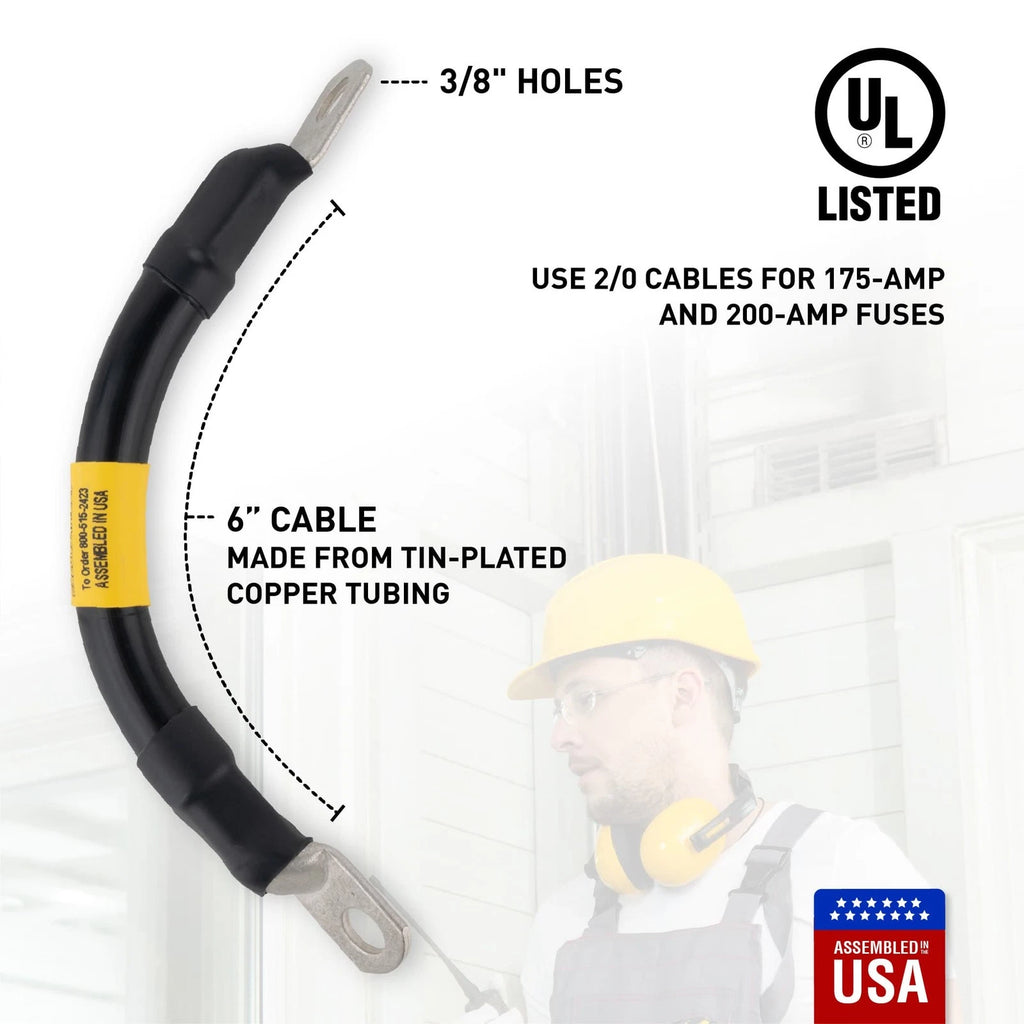2/0 Black Battery Interconnect Cable 6" with 3/8" Lugs ASSEMBLED IN USA