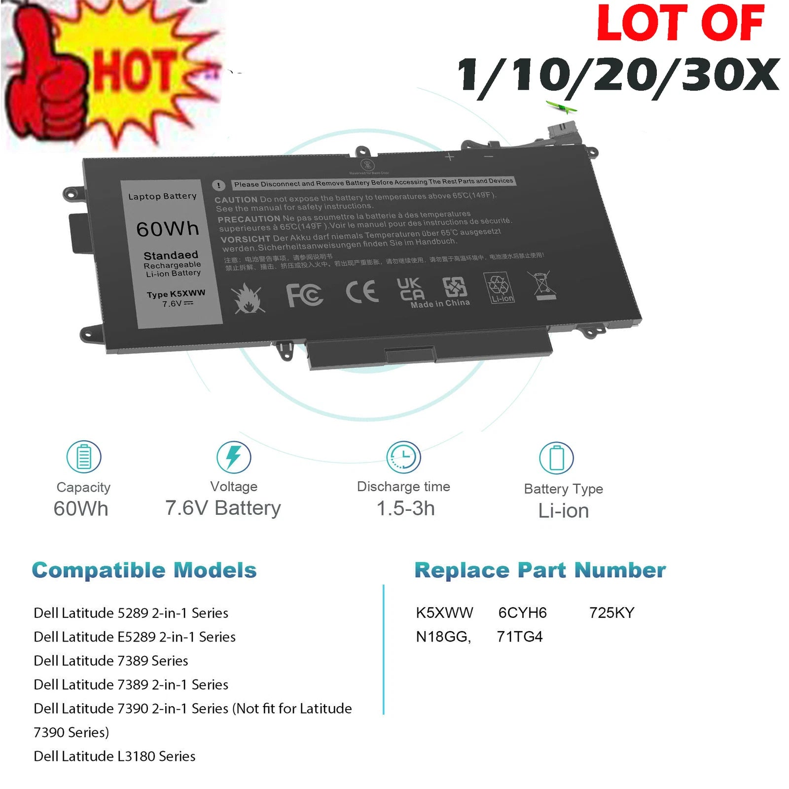 ??LOT 1-30x K5XWW Battery For Dell Latitude 5289 7389 7390 2in1 71TG4 X49C1 60Wh