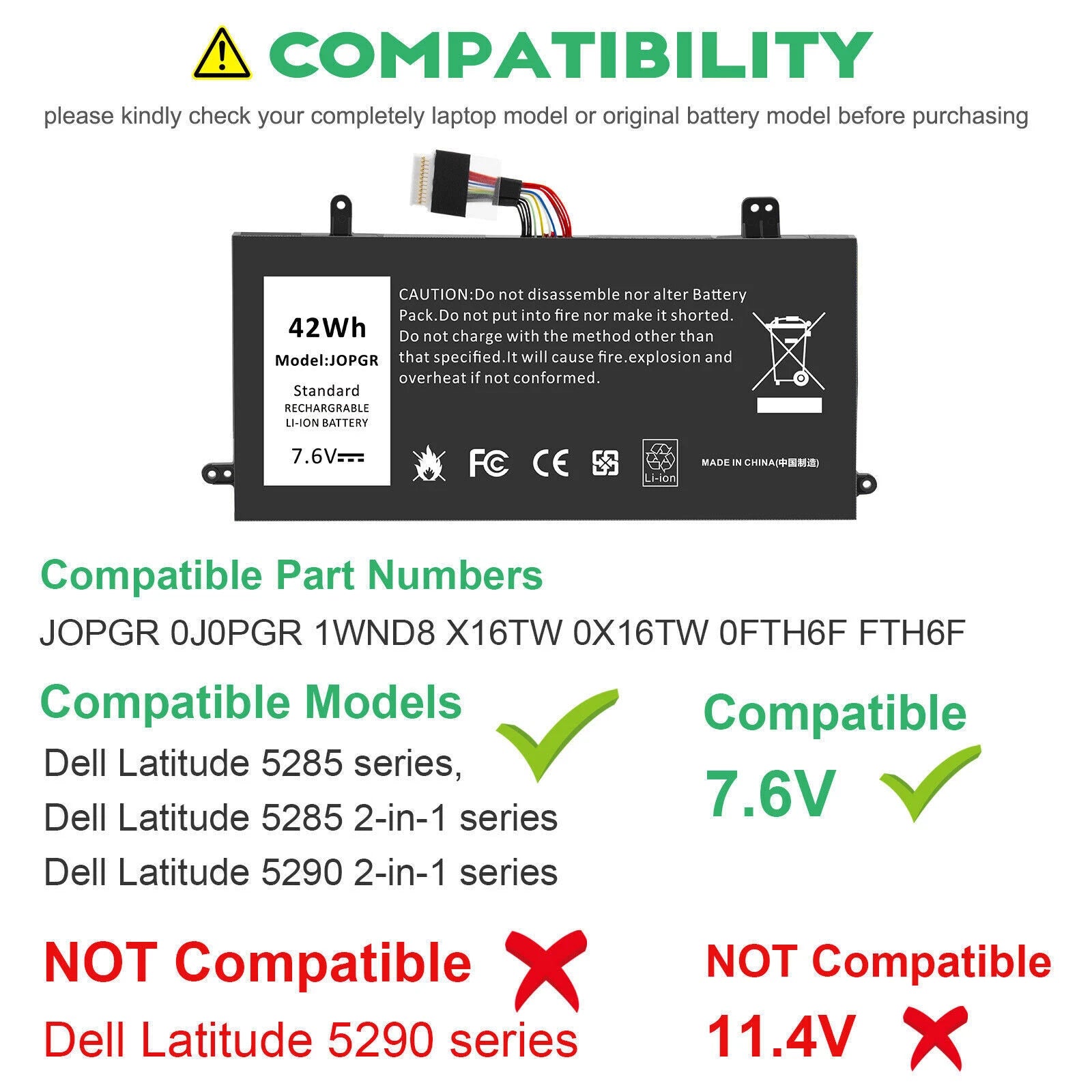For Dell J0PGR 42WH JOPGR 0FTH6F Battery For DELL Latitude 5285 5290 2 in 1 7.6V