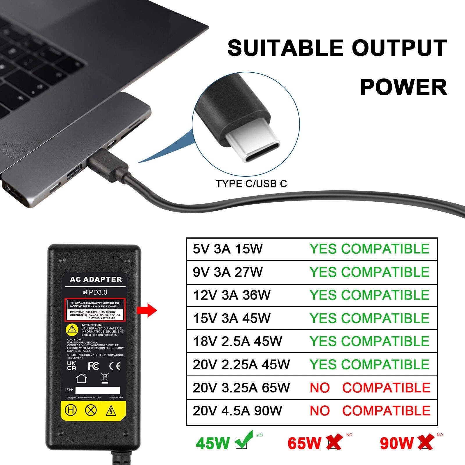 AC Adapter For Dell Chromebook 3100 3100 2 in 1 Type USB-C Charger Power Cord