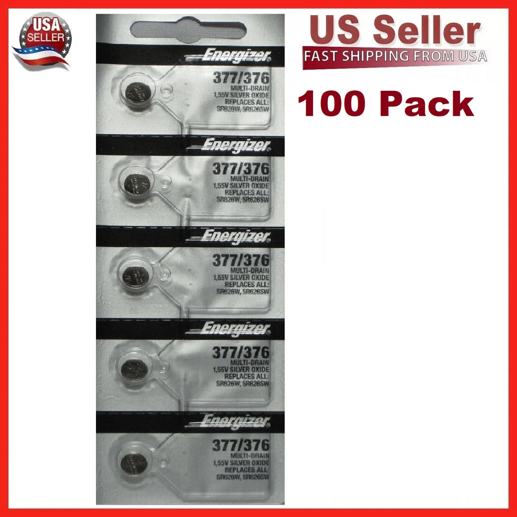 100 Pack-New Energizer 377 376 WATCH BATTERY SR626SW SR626W Silver Oxide Battery