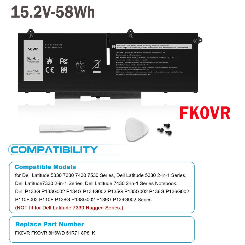 Replace FK0VR 8P81K Battery For Dell Latitude 5330 5430 5530 7330 7430 7530 58Wh