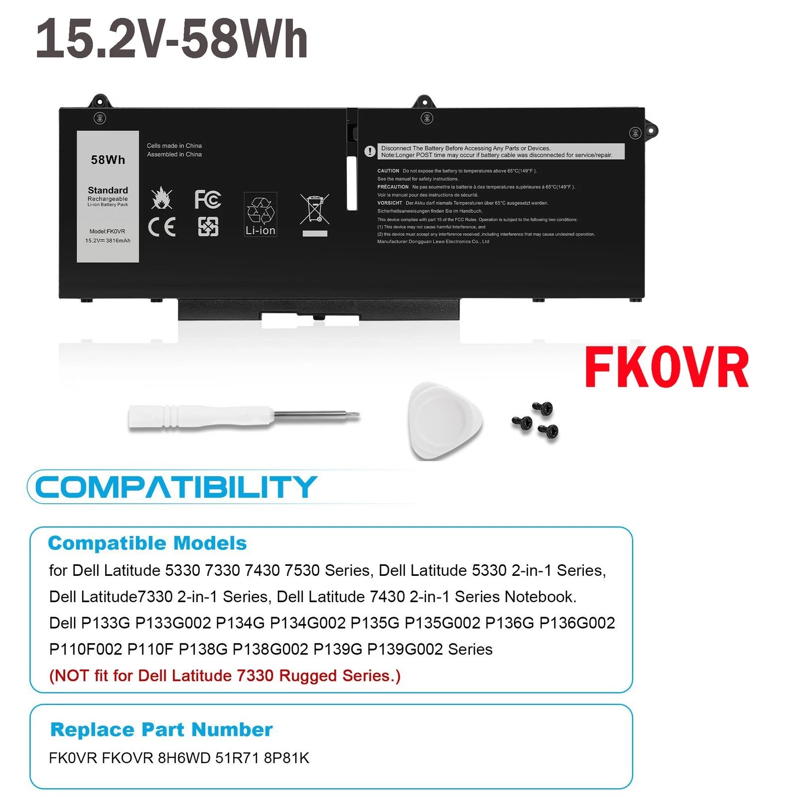 Replace FK0VR 8P81K Battery For Dell Latitude 5330 5430 5530 7330 7430 7530 58Wh