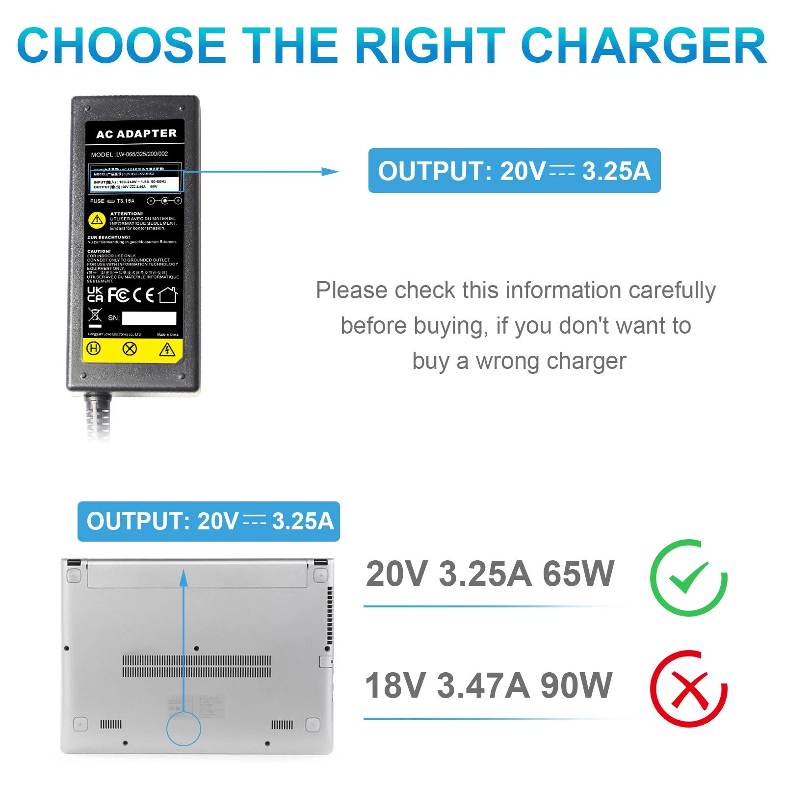 65W 20V 3.25A Power Adapter Charger for Lenovo Laptop 5.5*2.5mm Yellow Tip