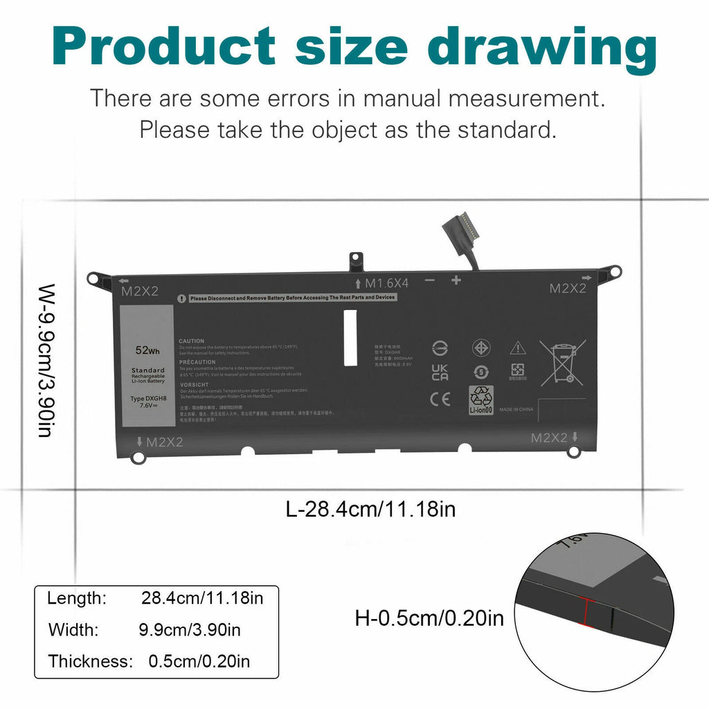 DXGH8 Laptop Battery for Dell XPS 13 9370 9380 52WH G8VCF 0H754V 13 9350 13-9343