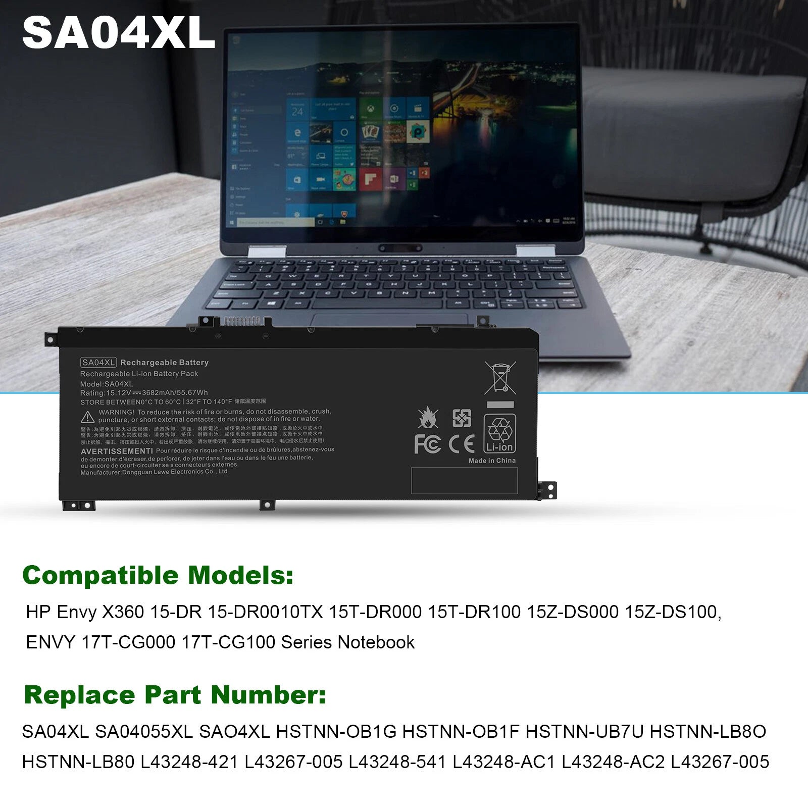 SA04XL Battery For HP HSTNN-UB7U ENVY X360 15-DR 15-DS L43248-AC2 55.67Wh
