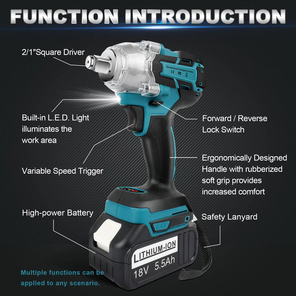 Cordless Electric Impact Wrench Gun W/ 2x 5500mAh Battery 1/2'' High Power Drive