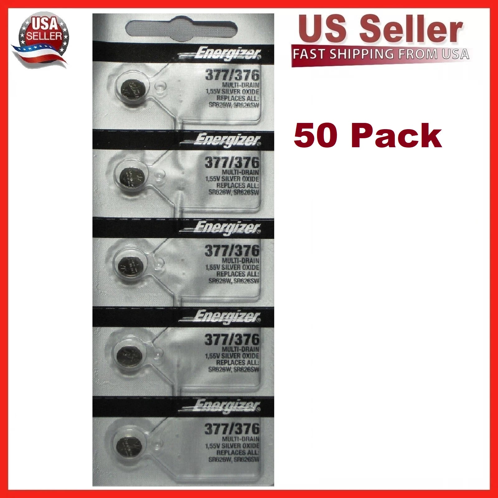 50 Pack ENERGIZER 377 376 WATCH BATTERY SR626SW SR626W Silver Oxide Battery NEW