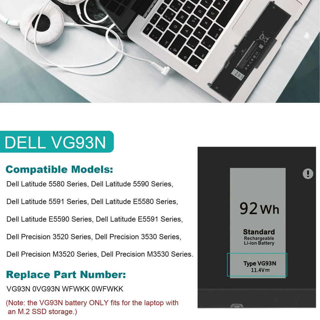 VG93N 92Wh Battery for Dell Latitude 5580 5590 5591 Precision 15 3520 3530 WFWKK