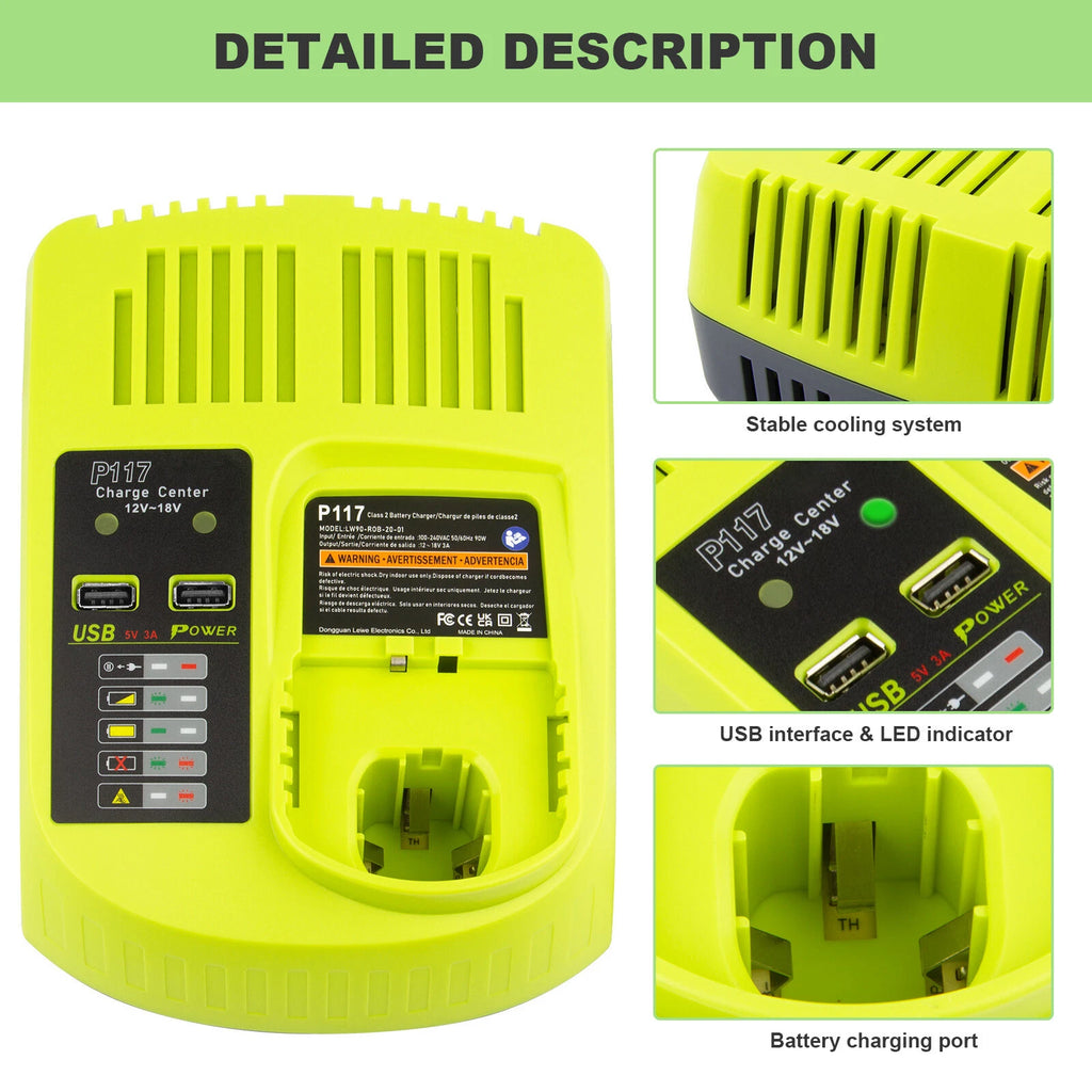 P117 Charger For RYOBI P108 18V For One+ Plus High Capacity Lithium-Ion Battery