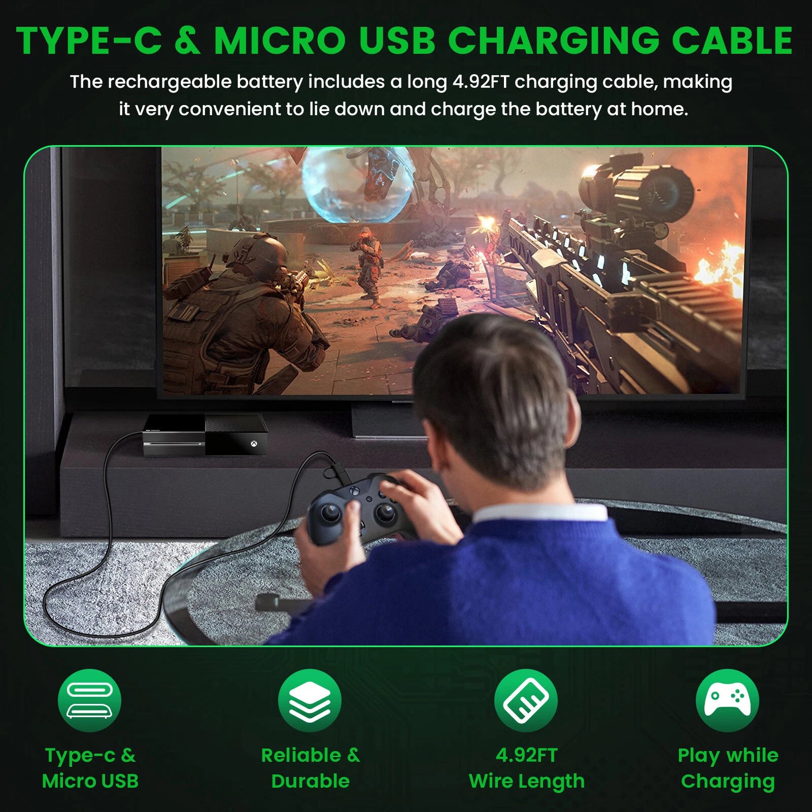 Rechargeable Battery Pack for Microsoft XBOX ONE, ONE S/X, Series X/S with Cable