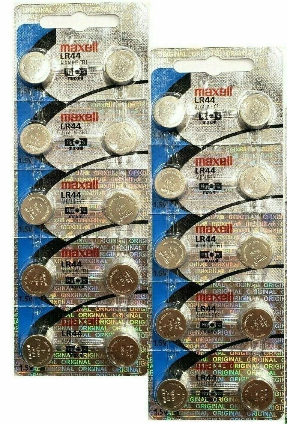 20 Maxell Batteries LR44 (A76, AG13) Alkaline Button Size Battery, On Tear Strip