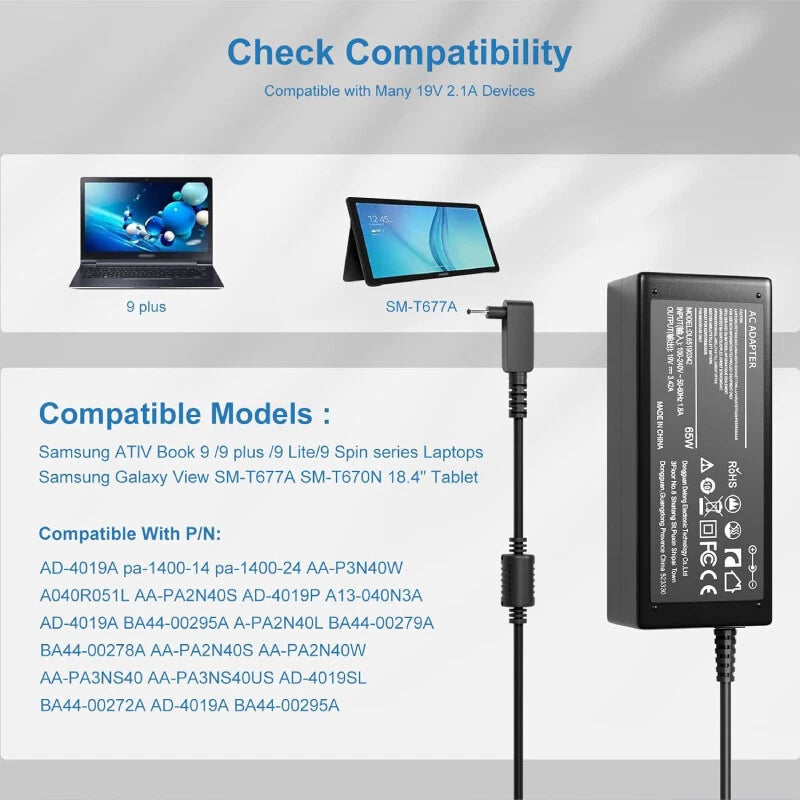 AC Adapter Charger for Samsung ATIV Book 9 Plus 9 Lite 9 Spin A13-040N2A Samsung