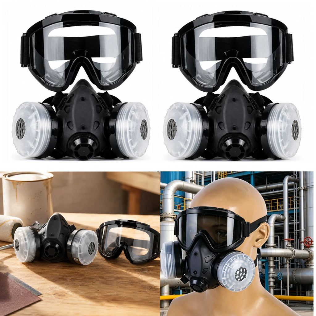 2Pcs Half Face Gas Respirator Mask with Safety Goggles Dual Filter Cartridges