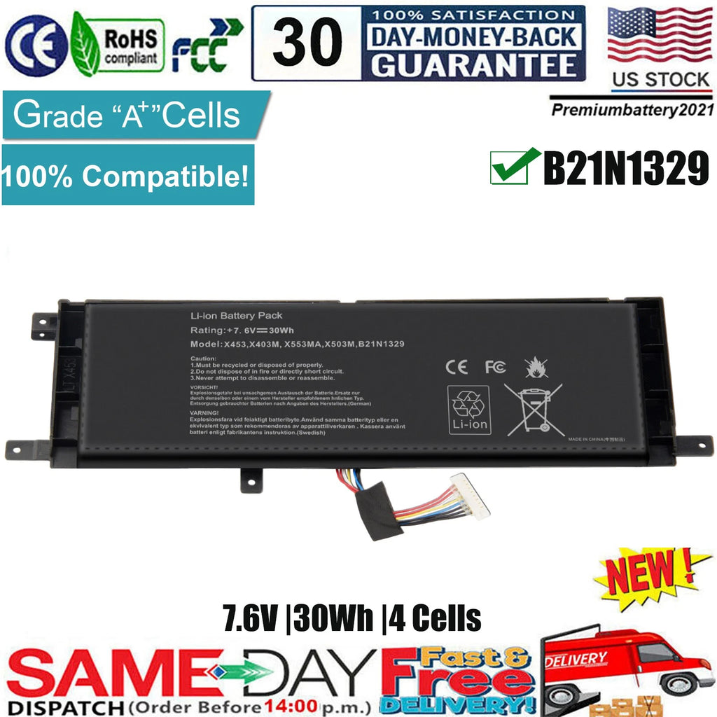 For Asus Battery B21N1329 BAT-ASX453 7.6V 30Wh Laptop X553M X553MA X453 X453MA