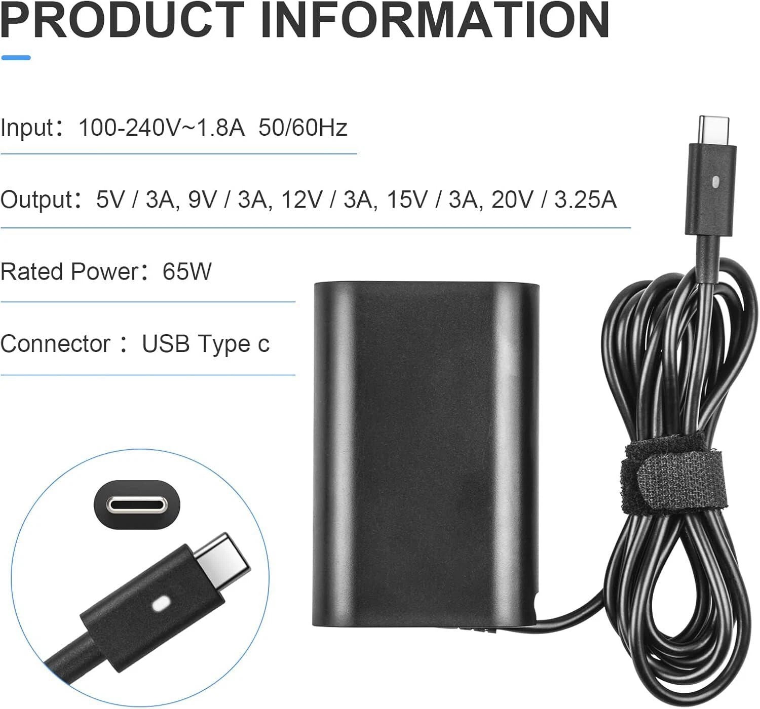65W USB-C Laptop Charger For Dell Latitude 5520 5430 5420 5530 7430 7420 2in1