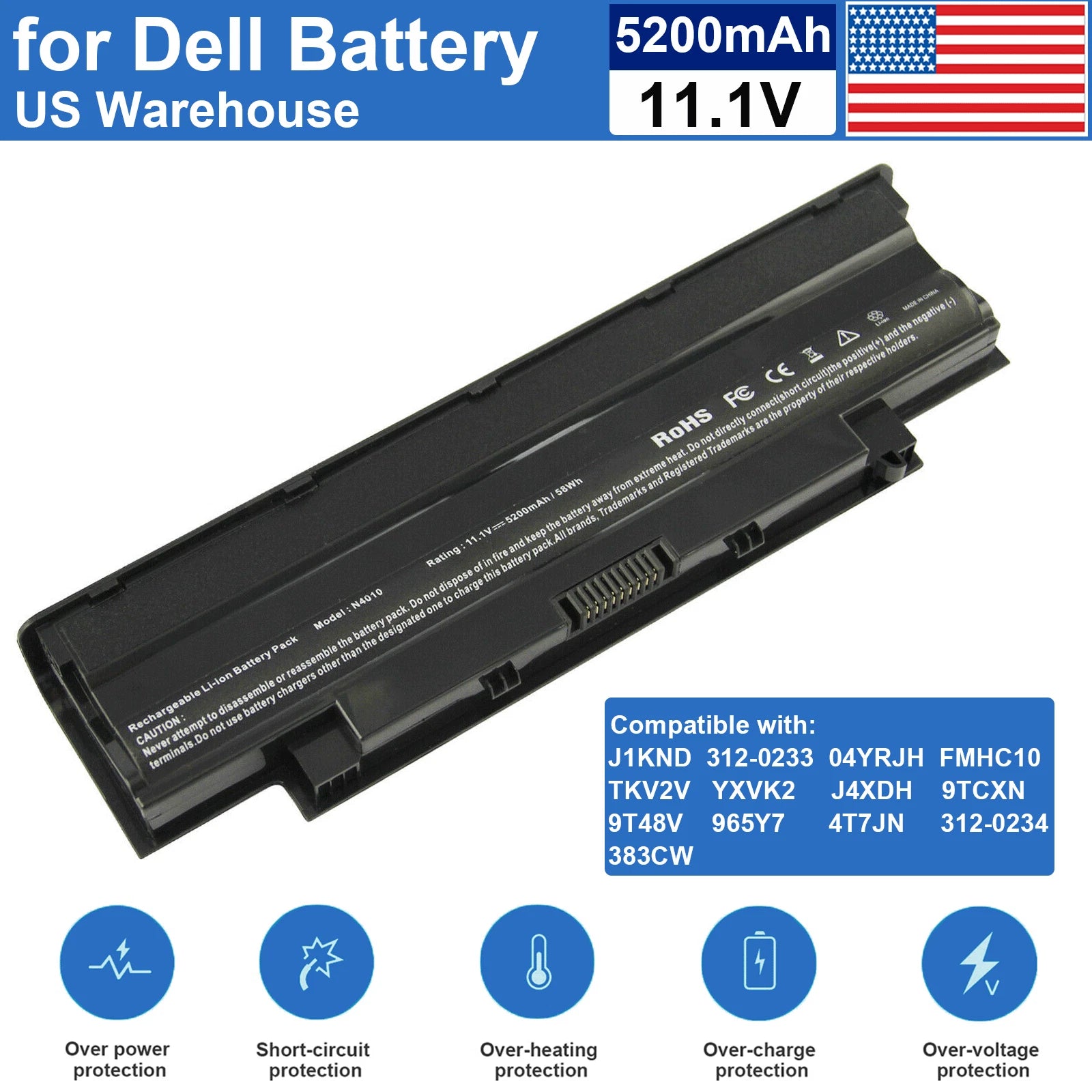 J1KND Battery for Dell Inspiron N4110 N4010 N5010 N5110 N7110 M5010 M3010 N7010D