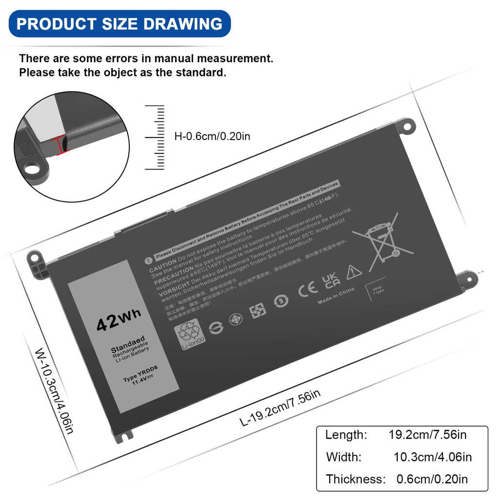 YRDD6 Battery for Dell Inspiron 3493 3582 3583 3584 3593 3793 5480 Latitude 3310