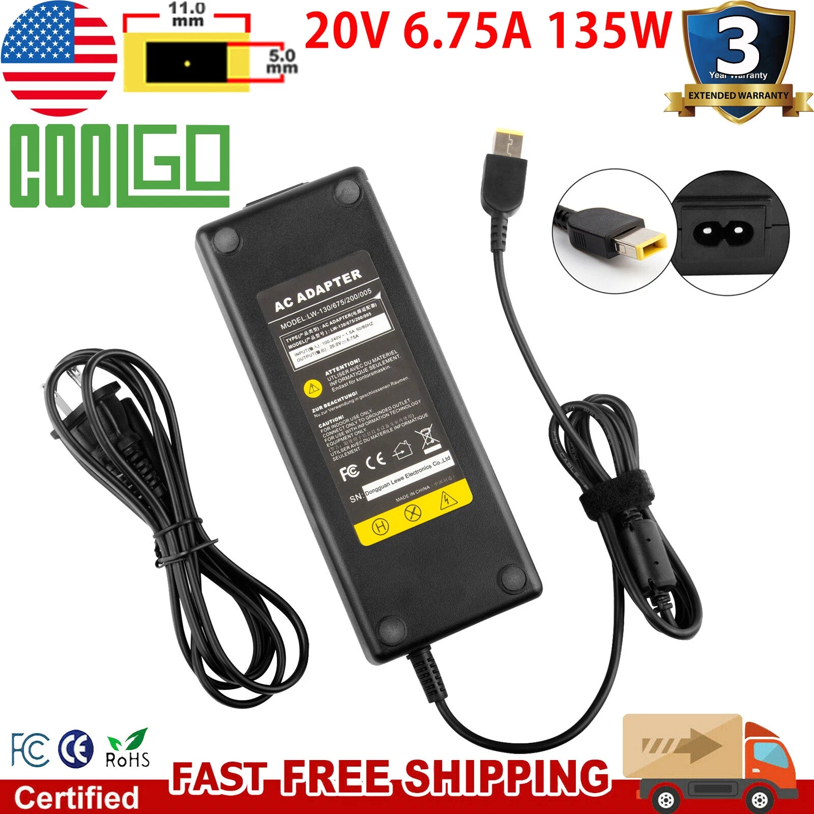 135W 20V 6.75A Adapter Charger For Lenovo ADL135NLC3A ADL135NDC3A ADL-135NLC3A