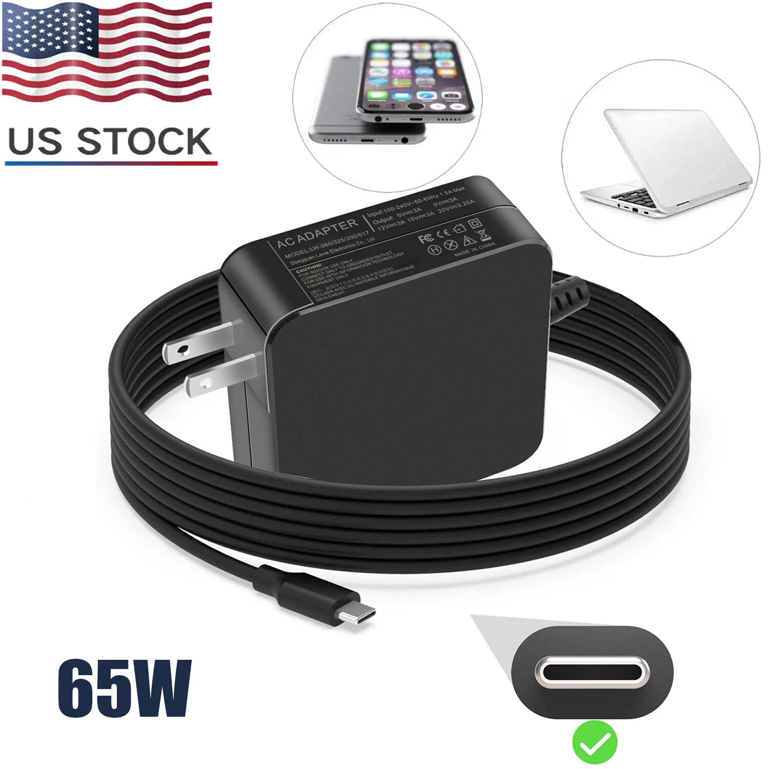For Dell LA65NM190 AC Adapter Laptop Charger HA65NM190 65W USB Type C DA65NM190